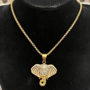 Gold over Stainless Steel, Iced Out Elephant Pendant Necklace